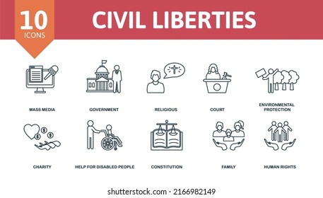 Civil Liberties Set Icon. Editable Icons Civil Liberties Theme Such As Mass Media, Religious, Environmental Protection And More.