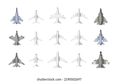 Civil and military aircraft top view. Cartoon jet fighters and civil aviation cargo and passenger airplanes, monoplanes and biplanes top view of plane models. Vector set. Transportation and logistic