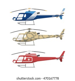 Civil , military and medical helicopters . Side view. Vector illustration