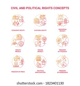 Civil And Political Rights Concept Icons Set. Fundamental Human Rights Idea Thin Line RGB Color Illustrations. Freedom Of Thought And Press. Political Participation. Vector Isolated Outline Drawings