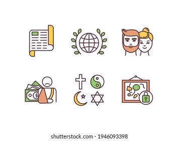Civil And Political Rights RGB Color Icons Set. Gender Equality. World Peace. Disability Compensation. Human Rights Announcement. Art, Culture. Refugee. Religion Freedom. Isolated Vector Illustrations