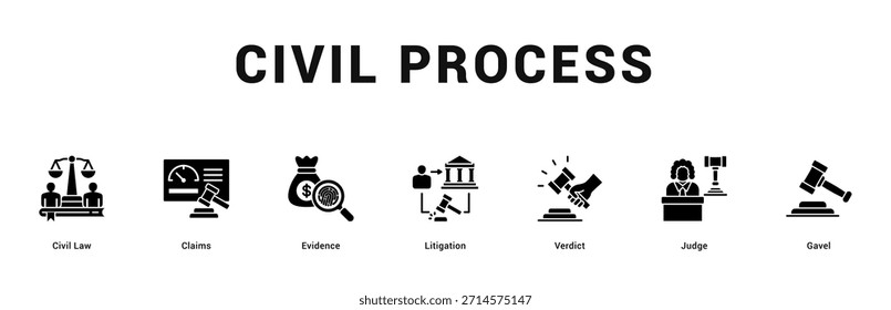 Processo Civil Ilustração moderna e limpa de banner da web com ícones temáticos para comunicação visual