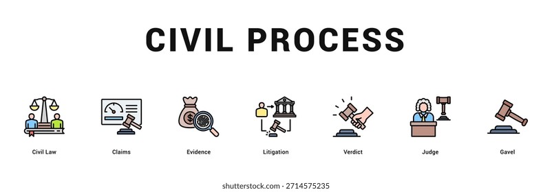 Processo Civil Ilustração moderna e limpa de banner da web com ícones temáticos para comunicação visual