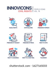 Civil rights concept line design style icons set. Social issues idea. Equal rights, stop bullying, freedom of speech, thought, press, rights to vote, assemble, a fair trial and tolerance themes