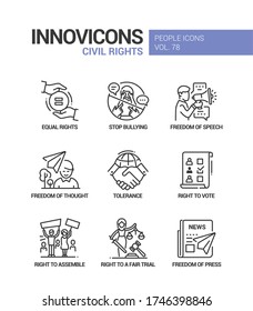 Civil rights concept line design style icons set. Social issues idea. Equal rights, stop bullying, freedom of speech, thought, press, rights to vote, assemble, a fair trial and tolerance themes