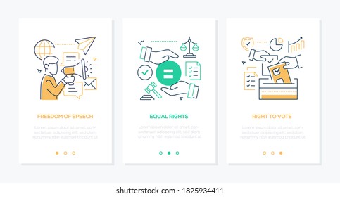 Civil rights concept line design style web banners with copy space for text. Social issues, law and tolerance idea. Equality, freedom of speech, voting and free election linear illustrations svg