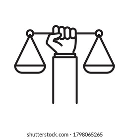 Civil rights icon. Law and justice concept. Weight scales justice hold in hand judge. Vector illustration isolated on white background