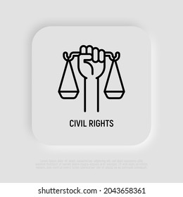 Civil rights thin line icon. Hand holding scales. Modern vector illustration.