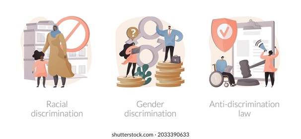 Civil rights violation abstract concept vector illustration set. Racial and gender discrimination, anti-discrimination law, bullying and harassment, gender roles, bias and prejudice abstract metaphor. svg