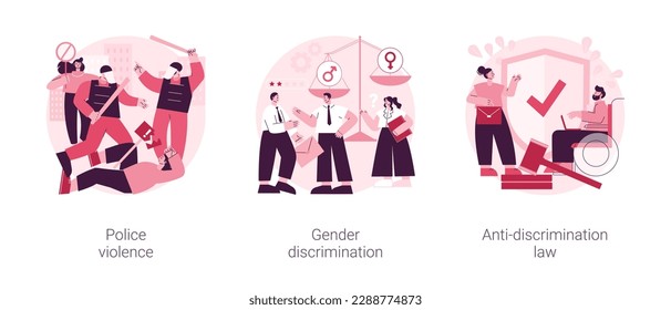 Civil rights violation abstract concept vector illustration set. Police violence, gender discrimination, anti-discrimination law, mass protest, police brutality, gender roles abstract metaphor.