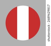 Civil round flag of Peru. Peru flag circle ensign. Flag of Peru flat backdrop. Flag button.
