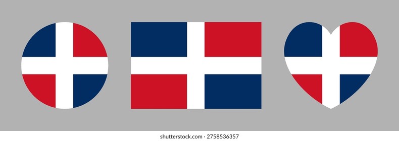 Civil round, heart shaped, rectangular flag of Dominican Republic badge, sticker. Dominican Republic flag heart, circle, rectangle icon, button. Banner, background flag of Dominican Republic set.