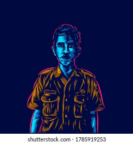 Civil servant officer worker. Pop Art line portrait logo.  Colorful design with dark background. Abstract vector illustration. Isolated black background for t-shirt, poster, clothing, merch, apparel, badge design