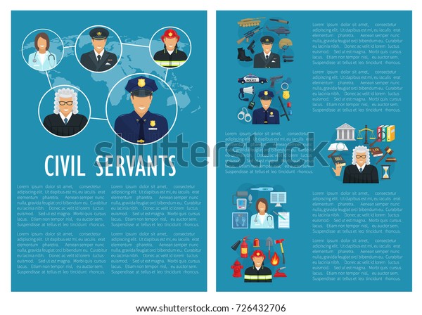 Civil\
servants of medicine, aviation or law and fire extinguishing.\
Firefighter man, judge or policeman and military pilot profession\
with work tools and ammunition. Vector flat\
poster