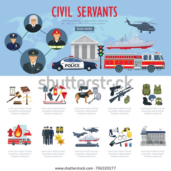 Civil servants poster or infographics. Vector\
firefighter, judge or policeman and pilot profession, fire\
extinguishing truck, law court or detective tools and military\
ammunition and aviation\
airplane