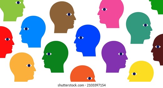 Civil society structure concept vector illustration, with colorful men heads scattered on a white background.