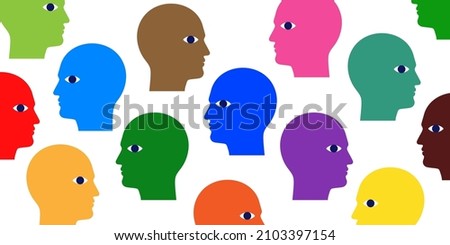 Civil society structure concept vector illustration, with colorful men heads scattered on a white background.