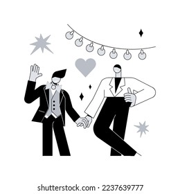 Ilustración vectorial de concepto abstracto de unión civil. La sociedad civil homosexual, el mismo sexo, dos novios, anillos de bodas, pareja gay o lesbiana, derecho familiar, intolerancia y metáfora abstracta de prejuicios.