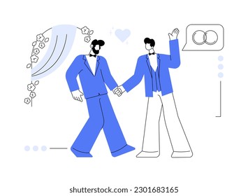 Civil union abstract concept vector illustration. Civil homosexual partnership, same sex, two grooms, wedding day rings, gay or lesbian couple, family law, intolerance and bias abstract metaphor.