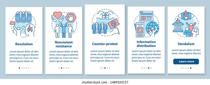 Civil unrest onboarding mobile app page screen with linear concepts. Political revolution and social protest walkthrough steps graphic instructions. UX, UI, GUI vector template with illustrations