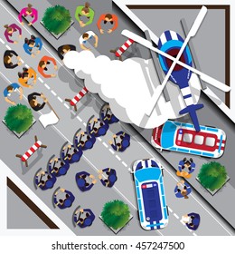 Civil unrest street riots. View from above. Vector illustration. 