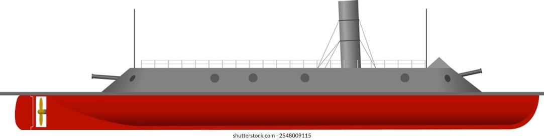 Vestido de hierro de la era de la Guerra Civil. Perfil lateral de un buque de guerra de la Guerra Civil Americana. Ilustración vectorial aislada.