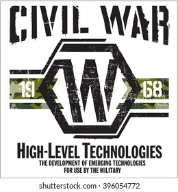 CIVIL WAR - Vector Graphics and typography t-shirt design for apparel. Varsity and camouflage.