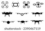 Civilian aerial drone icons in black on a white background. Set of aerial drone silhouette. Logos templates of flying drones. Set of flying drones