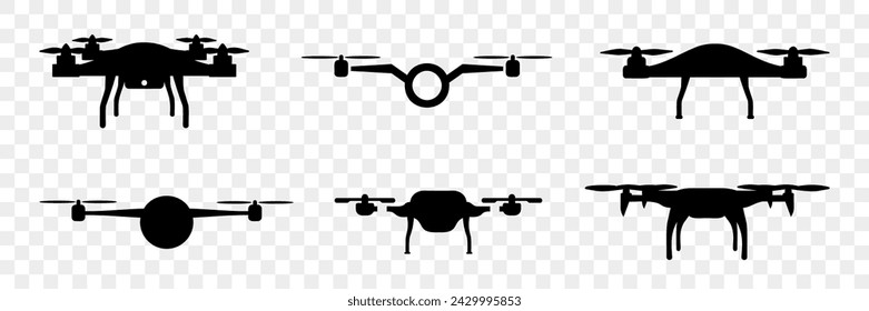 Civilian aerial drone icons in black on a white background. Set of aerial drone silhouette. Logos templates of flying drones. Set of flying drones