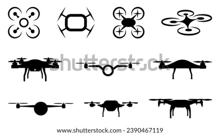 Civilian aerial drone icons in black on a white background. Set of aerial drone silhouette. Logos templates of flying drones. Set of flying drones