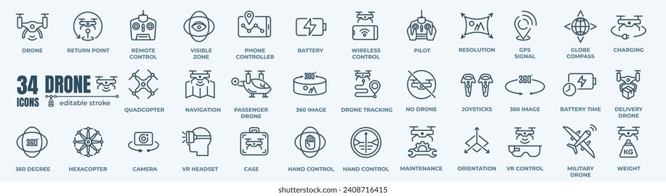 Civilian aerial Drone and quadrocopter icon set. Collection of linear simple web icons. Editable stroke