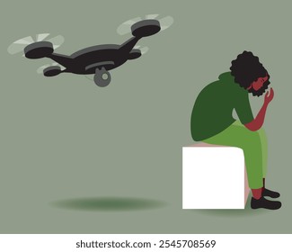 Mulher civil ou BIPOS e drone militar como conceito de TEPT após a guerra, ilustração de estoque de vetor plano com medo, choque e problemas de saúde mental