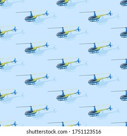 Civilian helicopters fly. Helicopter drawing. Vector themed background. Flat style. Seamless pattern