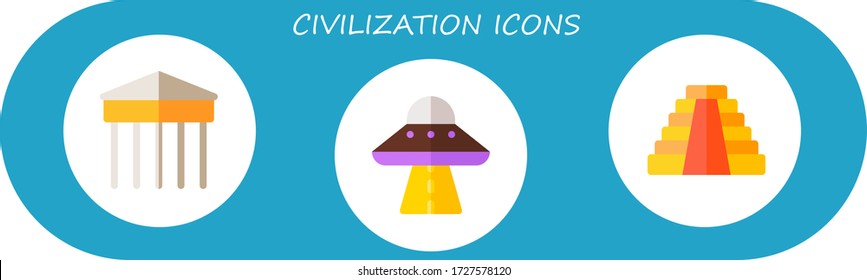 conjunto de iconos de civilización. 3 íconos de civilización plana. Iconos de partenón, ufo, pirámide maya incluidos