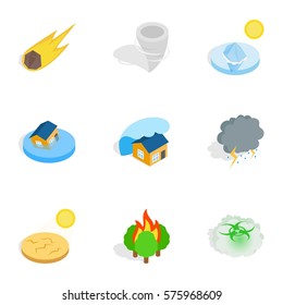 Civilization negative effects icons set. Isometric 3d illustration of 9 civilization negative effects vector icons for web