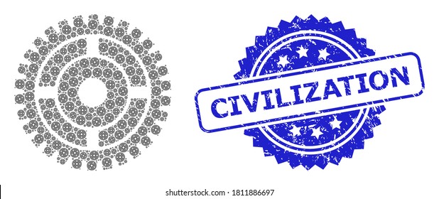 Civilization rubber stamp seal and vector recursion composition clock wheel. Blue stamp seal contains Civilization title inside rosette.