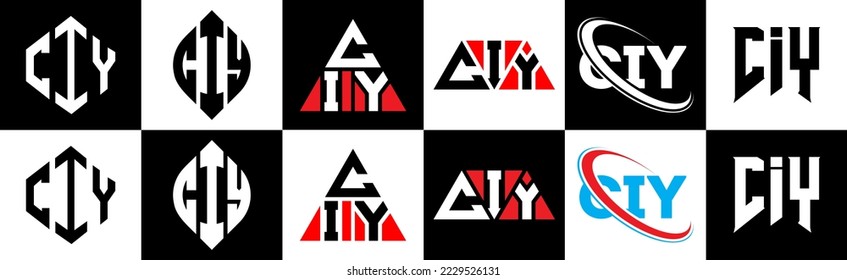 Diseño del logo de la carta CIY en seis estilos. Polígono CIY, círculo, triángulo, hexágono, de estilo plano y sencillo con el logotipo de la letra de variación en color blanco y negro en un tablero. Logo minimalista y clásico de CIY