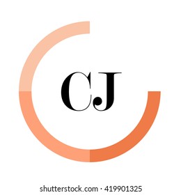 CJ black letters , modern type of font , tree orange colors , simply alphabet like design identity