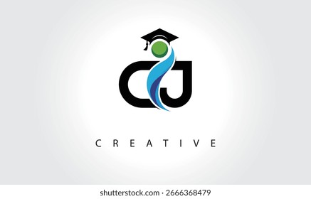 CJ Creative Letter Logo com Boné de Graduação e Abstrato Humano - Educação Moderna e Aprendizagem Símbolo Design	