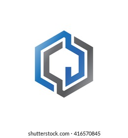 CJ initial letters loop linked hexagon logo black gray blue