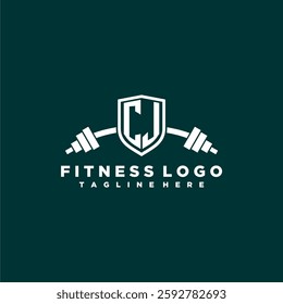 CJ initial monogram for fitnes or gym logo with creative shield and barbell design