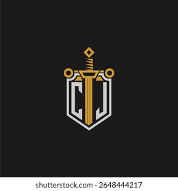 Monograma inicial de CJ para imagem de escudo e espada