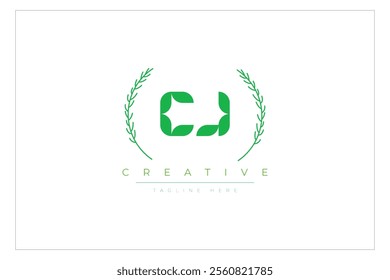 CJ letters eco logo with leaf. Fresh nature and healthy leaf logo design.