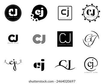 CJ logo company template. Letter c and j logotype. Set different classic serif lettering and modern bold text with design elements. Initial font typography. Collection trendy business identity.