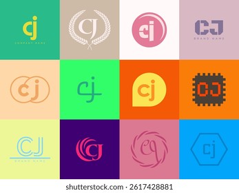 CJ logo company template. Letter c and j logotype. Set different classic serif lettering and modern bold text with design elements. Initial font typography. Collection trendy business identity.
