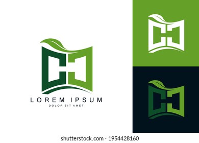 CJ logo monogram with green leaf nature organic bio curved shape premium vector design template