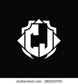 CJ logo monogram with shield line and 3 arrows shape design template on black background