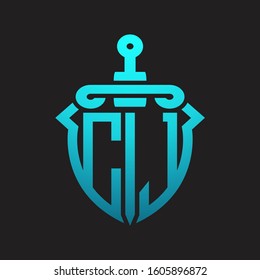 CJ Logo monogram with sword and shield combination isolated blue colors gradient