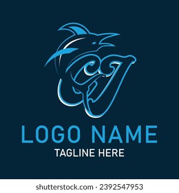 Vector de diseño de logotipo de tiburón CJ. Mascota de tiburón caricaturista sobre fondo marino. 
Diseño del logo de la mascota de la deportación de tiburones. Diseño editable de logotipo de tiburón para la compañía
