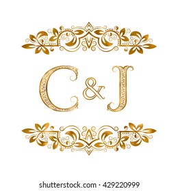 C&J vintage initials logo symbol. Letters C, J, ampersand surrounded floral ornament. Wedding or business partners initials monogram in royal style.